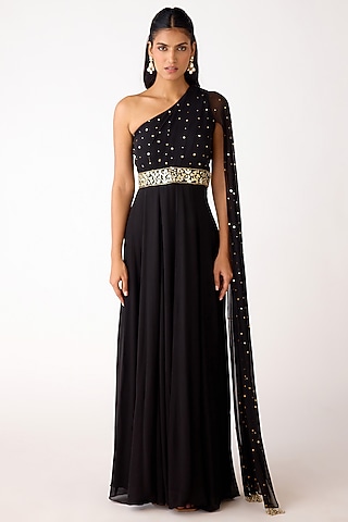 Black Mukaish Georgette Mirror Embroidered Jumpsuit by Basanti - Kapde aur Koffee