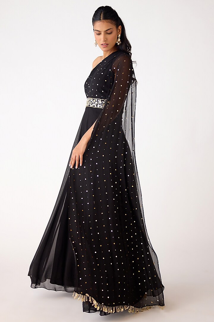 Black Mukaish Georgette Mirror Embroidered Jumpsuit by Basanti - Kapde aur Koffee at Pernia's Pop Up Shop