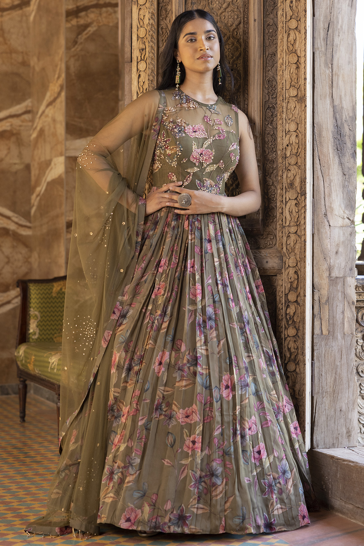 Green Floral Printed Party Wear Anarkali Set by Basanti - Kapde aur Koffee at Pernia's Pop Up Shop
