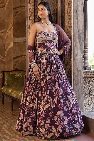 Wine Floral Printed Lehenga Set by Basanti - Kapde aur Koffee