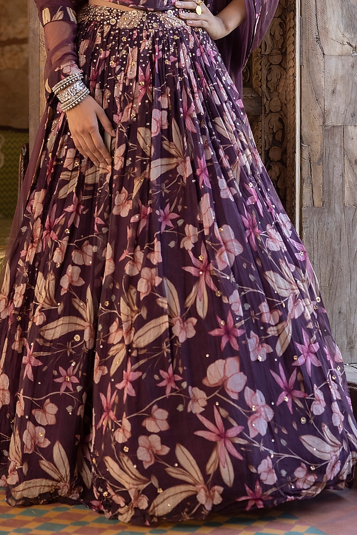 Wine Floral Printed Lehenga Set by Basanti - Kapde aur Koffee at Pernia's Pop Up Shop