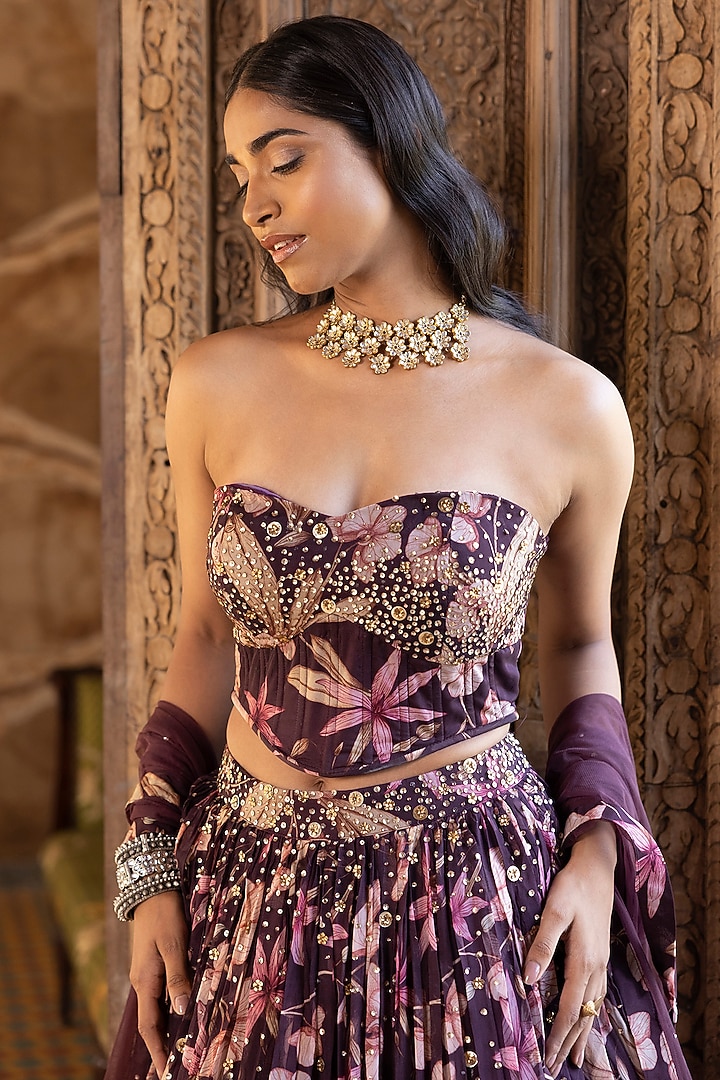 Wine Floral Printed Lehenga Set by Basanti - Kapde aur Koffee at Pernia's Pop Up Shop