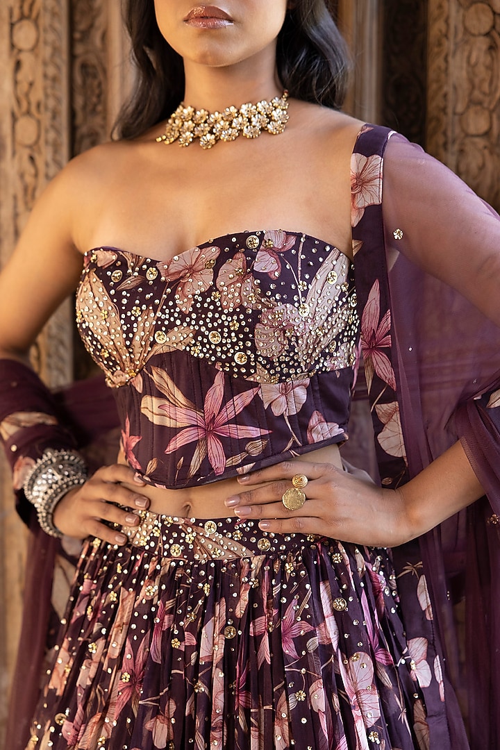 Wine Floral Printed Lehenga Set by Basanti - Kapde aur Koffee at Pernia's Pop Up Shop