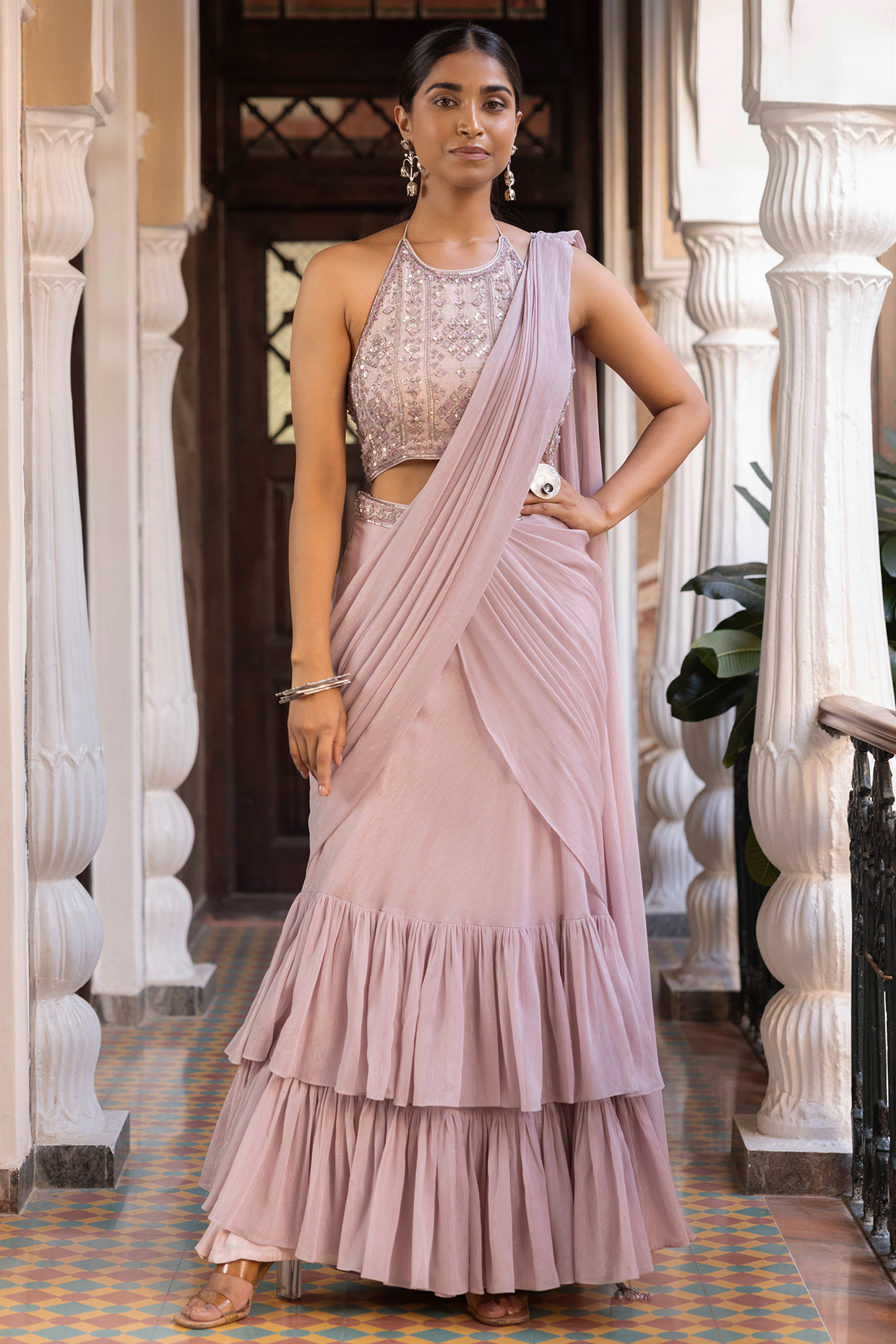 Lilac Shimmer Georgette Draped Saree by Basanti - Kapde aur Koffee