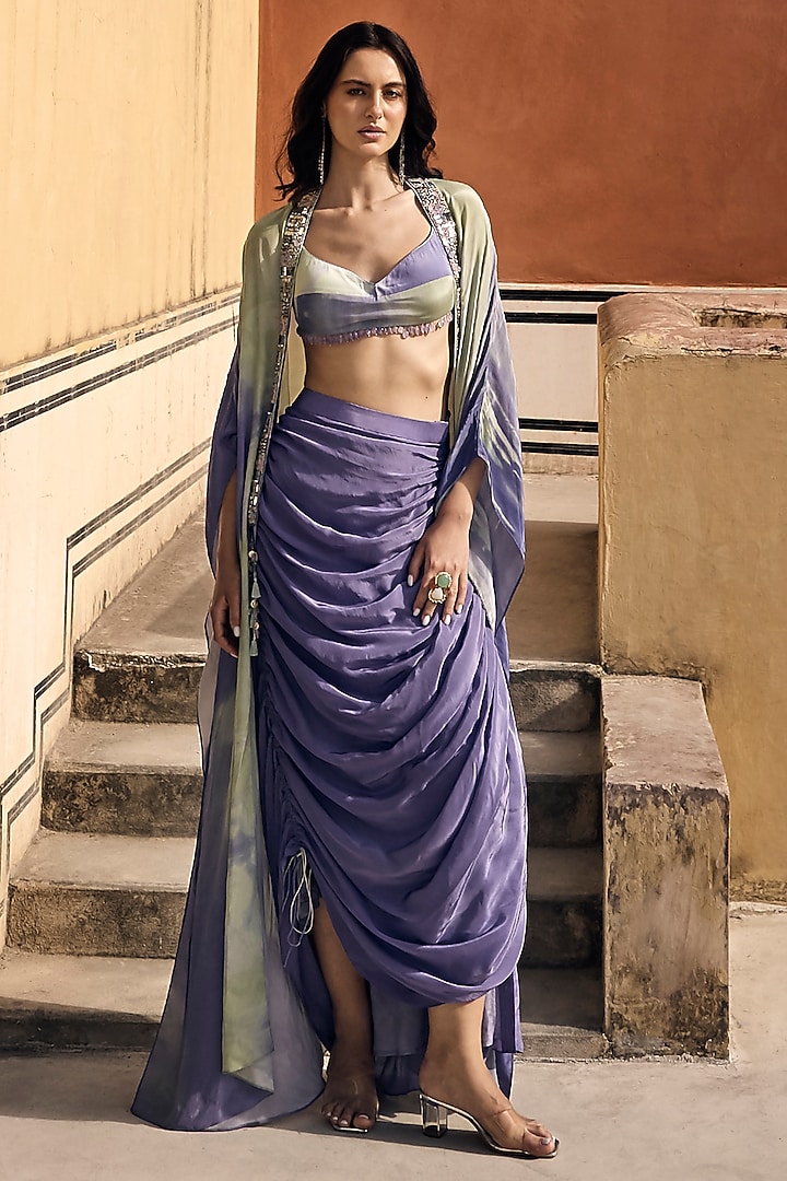 Lilac Crepe Mirror & Bead Embellished Cape Set by Basanti - Kapde aur Koffee at Pernia's Pop Up Shop