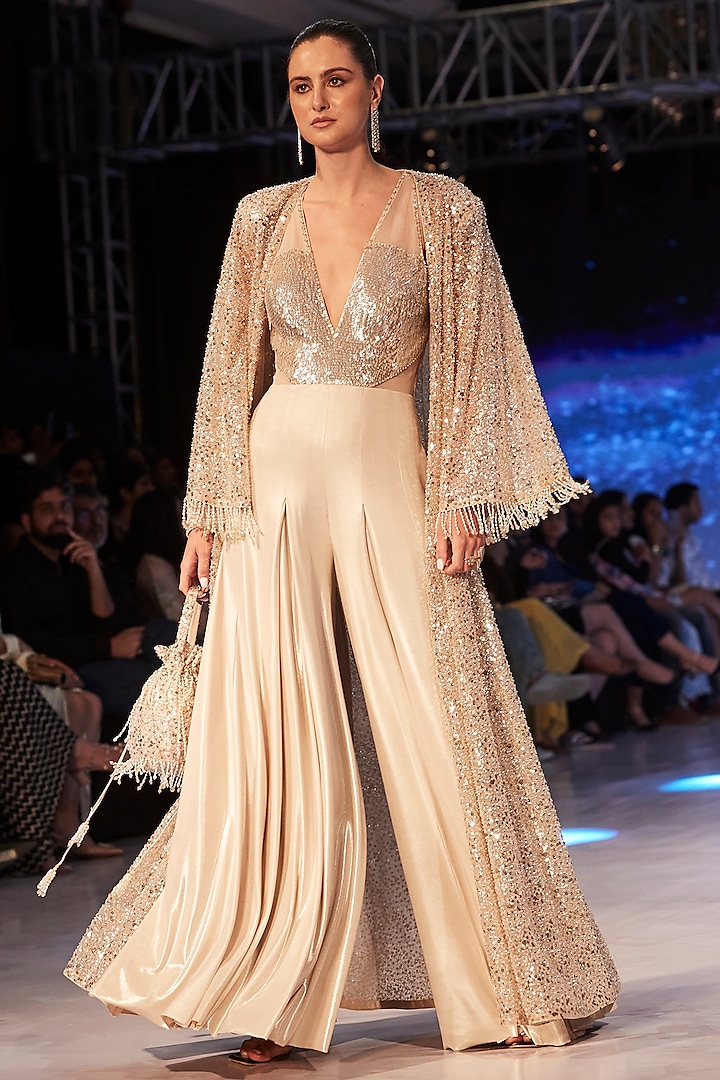 Gold Lycra Shimmer Sequins Embroidered Jumpsuit With Jacket by Basanti - Kapde aur Koffee at Pernia's Pop Up Shop