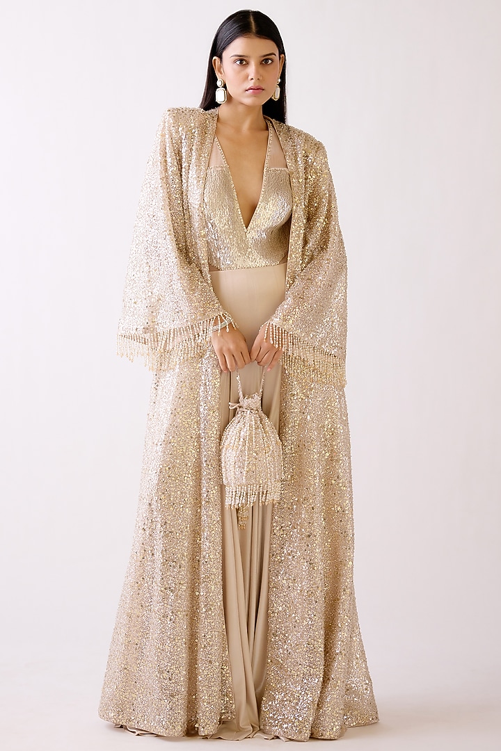 Gold Lycra Shimmer Sequins Embroidered Jumpsuit With Jacket by Basanti - Kapde aur Koffee at Pernia's Pop Up Shop