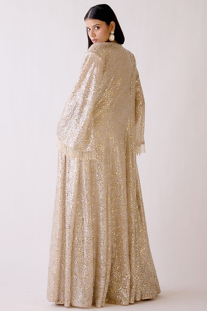Gold Lycra Shimmer Sequins Embroidered Jumpsuit With Jacket by Basanti - Kapde aur Koffee at Pernia's Pop Up Shop