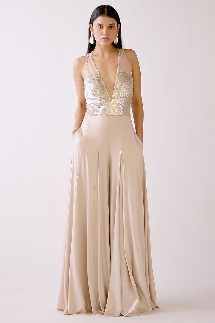 Gold Lycra Shimmer Sequins Embroidered Jumpsuit With Jacket by Basanti - Kapde aur Koffee at Pernia's Pop Up Shop