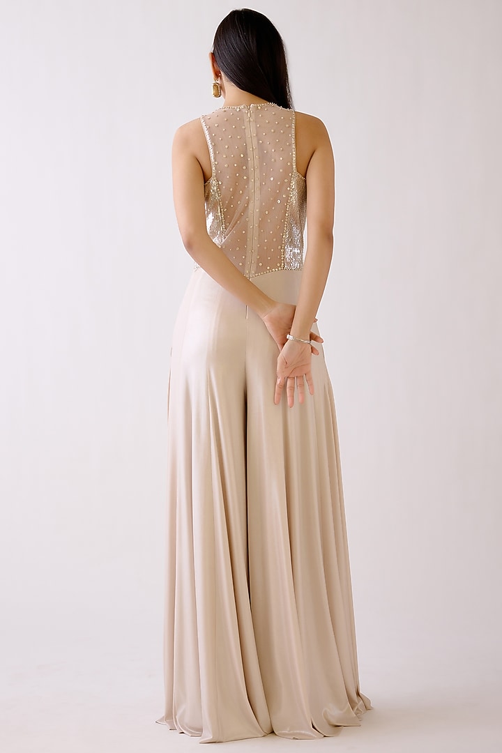 Gold Lycra Shimmer Sequins Embroidered Jumpsuit With Jacket by Basanti - Kapde aur Koffee at Pernia's Pop Up Shop
