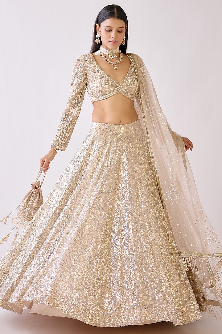 Gold Silk & Butterfly Net Cutdana Embroidered Wedding Lehenga Set by Basanti - Kapde aur Koffee at Pernia's Pop Up Shop