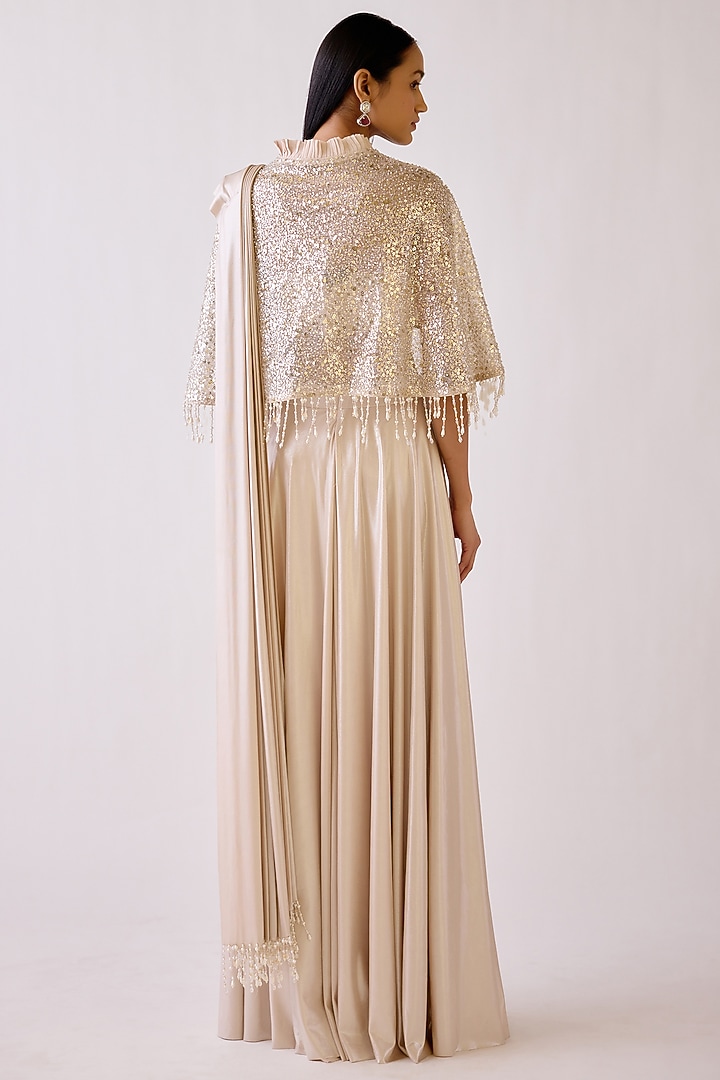 Gold Sequins & Lycra Shimmer Draped Jacket Party Wear Saree Set by Basanti - Kapde aur Koffee at Pernia's Pop Up Shop