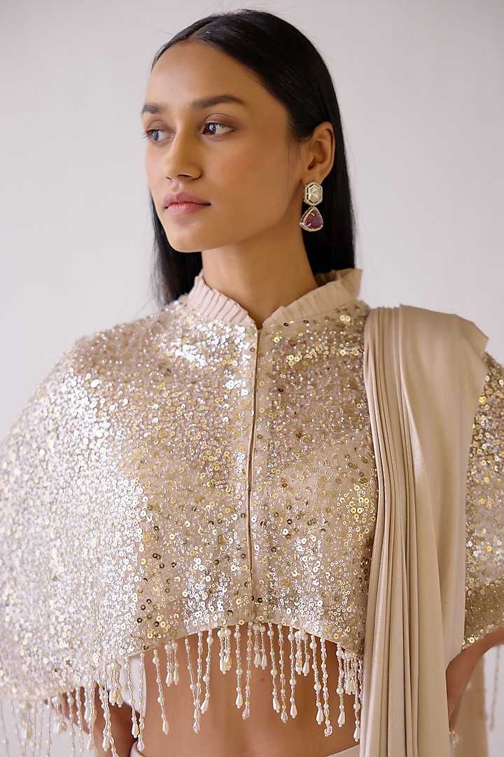 Gold Sequins & Lycra Shimmer Draped Jacket Party Wear Saree Set by Basanti - Kapde aur Koffee at Pernia's Pop Up Shop