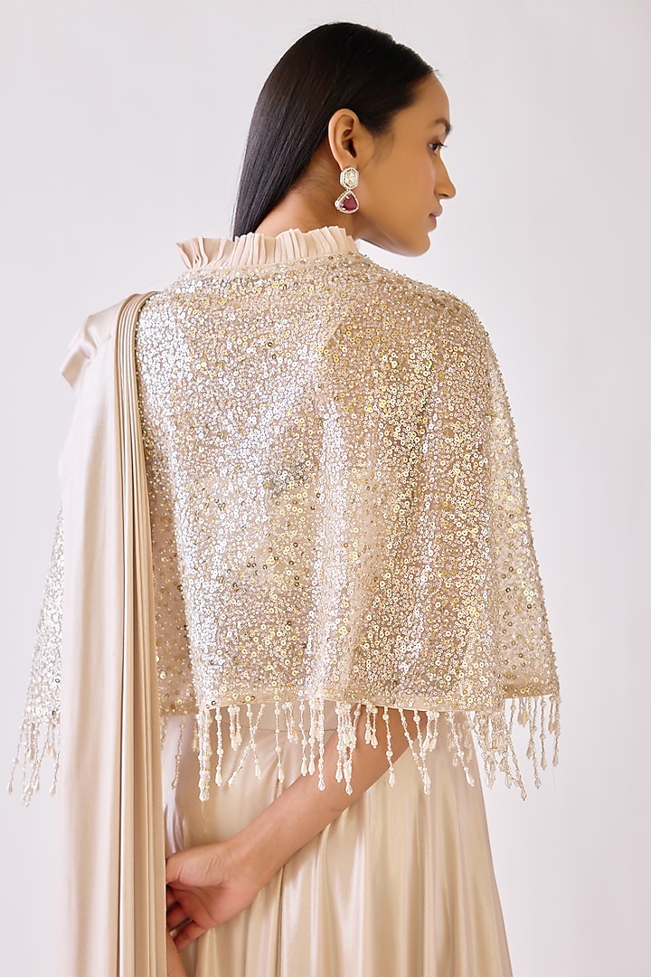 Gold Sequins & Lycra Shimmer Draped Jacket Party Wear Saree Set by Basanti - Kapde aur Koffee at Pernia's Pop Up Shop