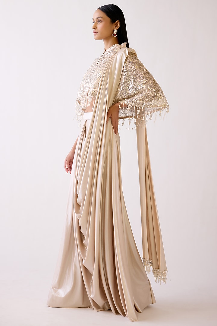 Gold Sequins & Lycra Shimmer Draped Jacket Party Wear Saree Set by Basanti - Kapde aur Koffee at Pernia's Pop Up Shop