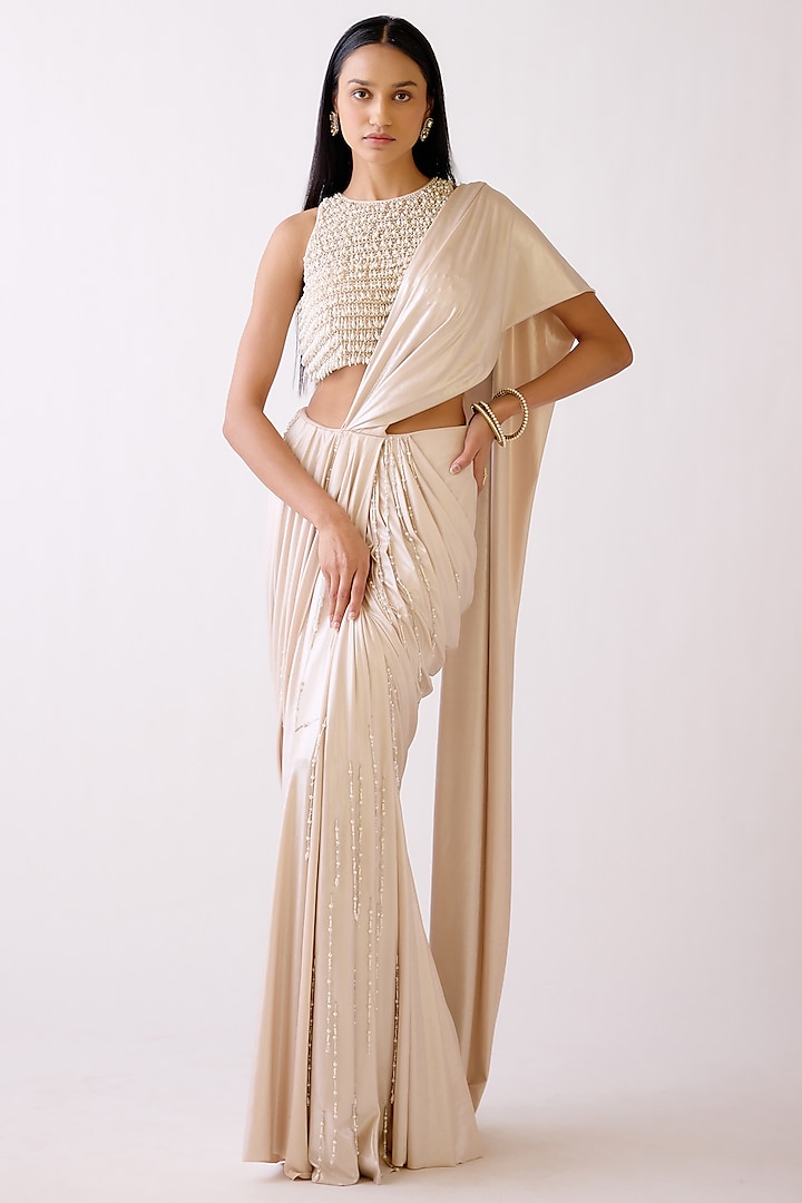 Gold Shimmer Lycra & Silk Pearl Embroidered Draped Saree Set by Basanti - Kapde aur Koffee at Pernia's Pop Up Shop