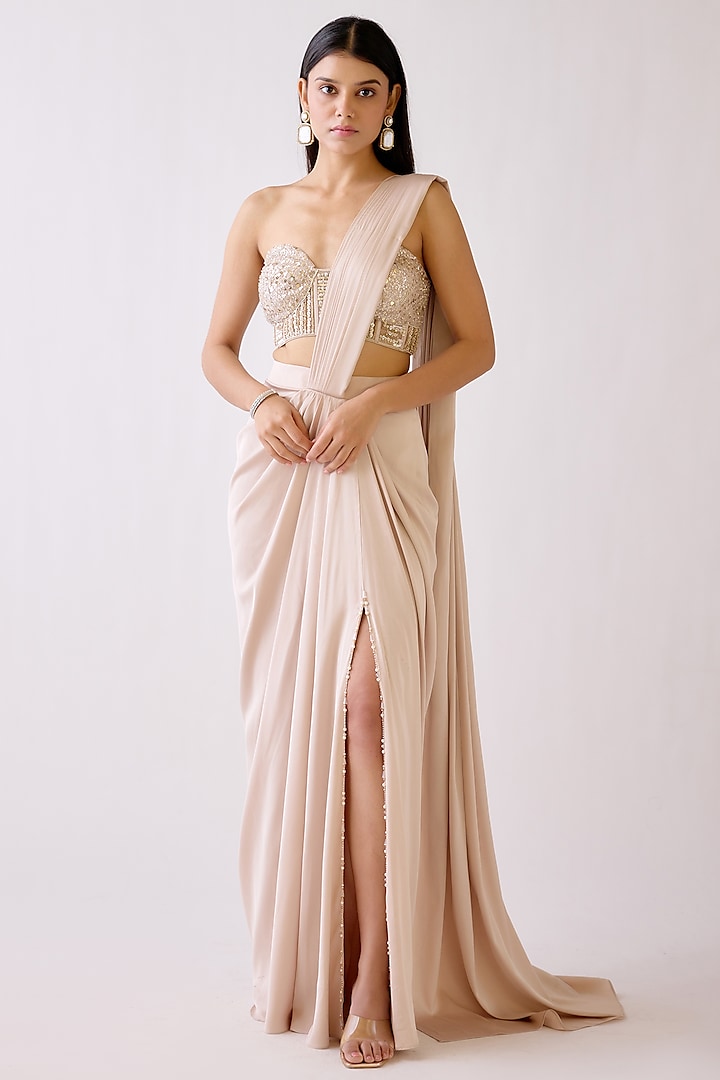 Gold Crepe Satin Draped Slit Skirt Saree Set by Basanti - Kapde aur Koffee at Pernia's Pop Up Shop