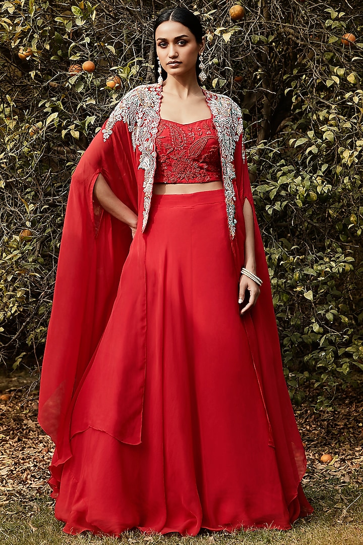 Red Organza Resham Embroidered Jacket Lehenga Set by Basanti - Kapde aur Koffee at Pernia's Pop Up Shop