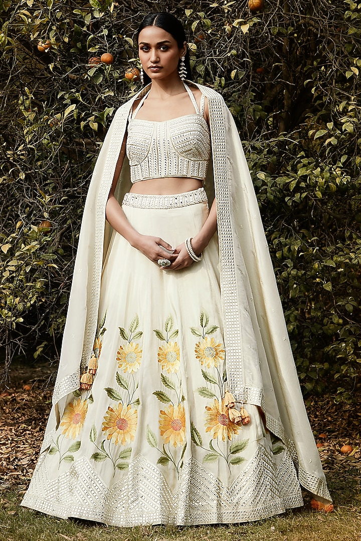 Ivory Tissue Sunflower Embroidered Wedding Lehenga Set by Basanti - Kapde aur Koffee at Pernia's Pop Up Shop