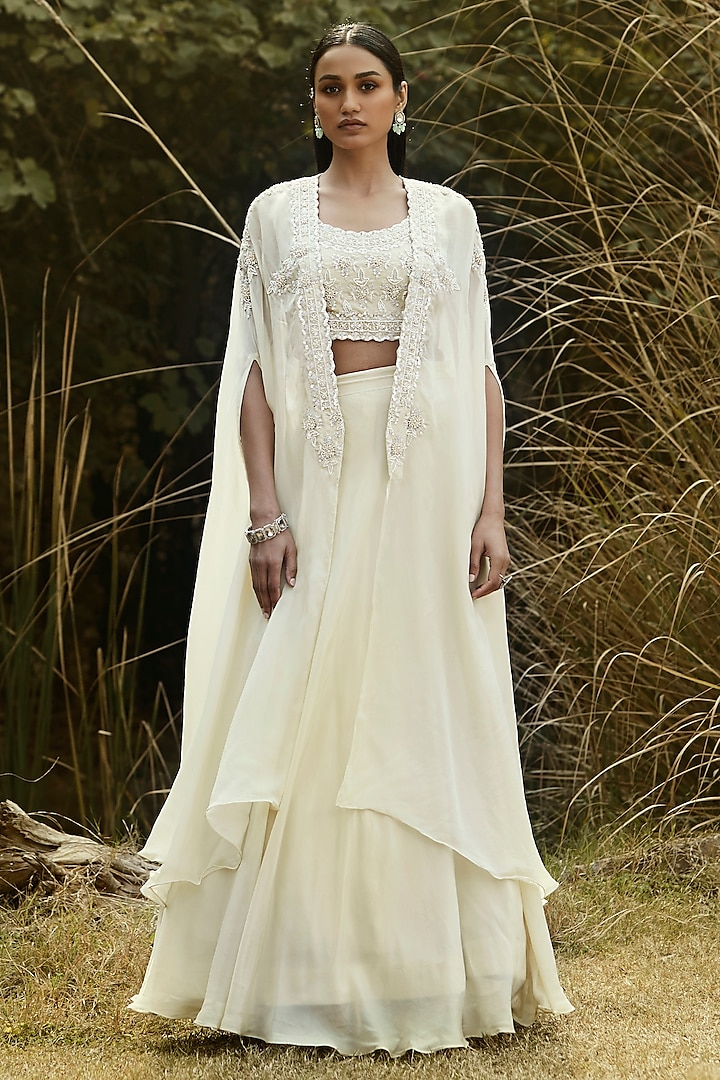 Ivory Crepe Sequins & Moti Embroidered Jacket Lehenga Set by Basanti - Kapde aur Koffee at Pernia's Pop Up Shop