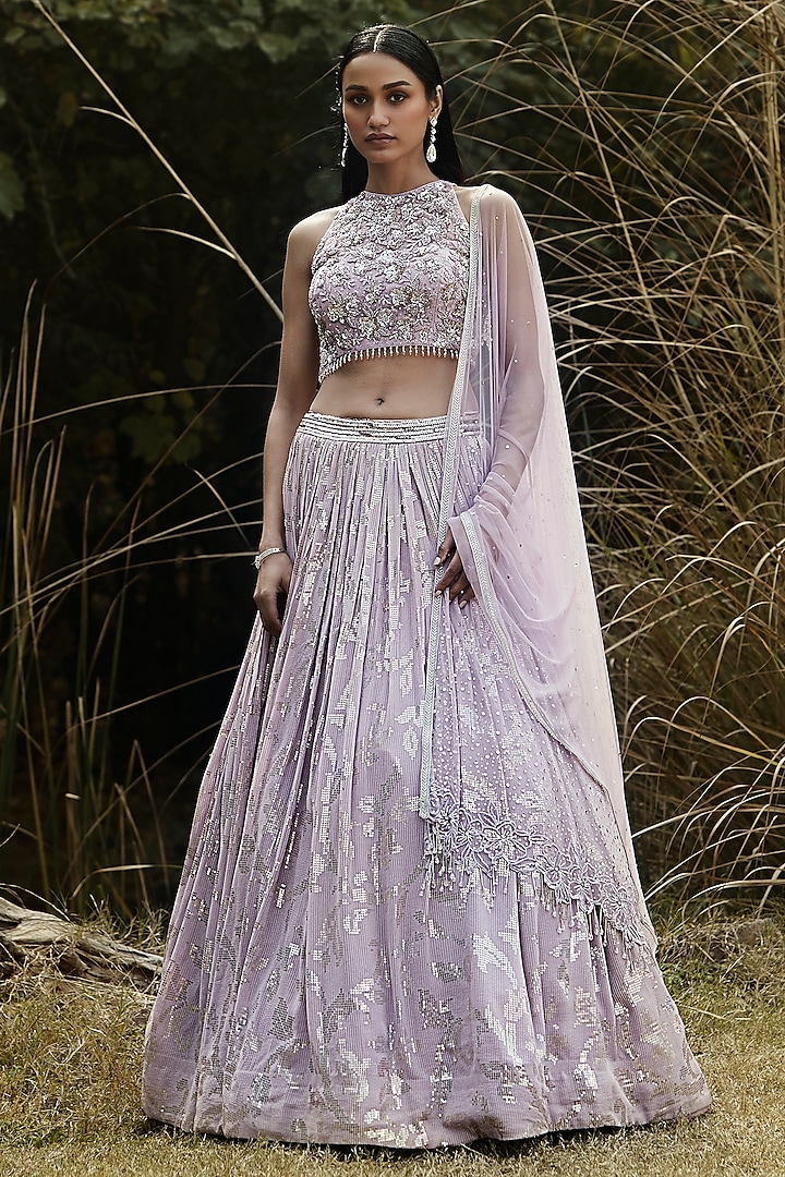 Lilac Georgette Hand Embroidered Wedding Lehenga Set by Basanti - Kapde aur Koffee at Pernia's Pop Up Shop