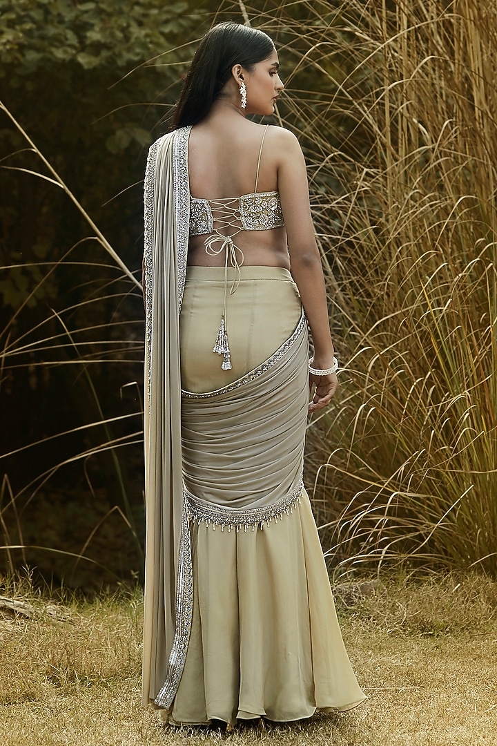 Pista Green Lycra & Organza Handwork Pre-Draped Wedding Saree Set by Basanti - Kapde aur Koffee at Pernia's Pop Up Shop