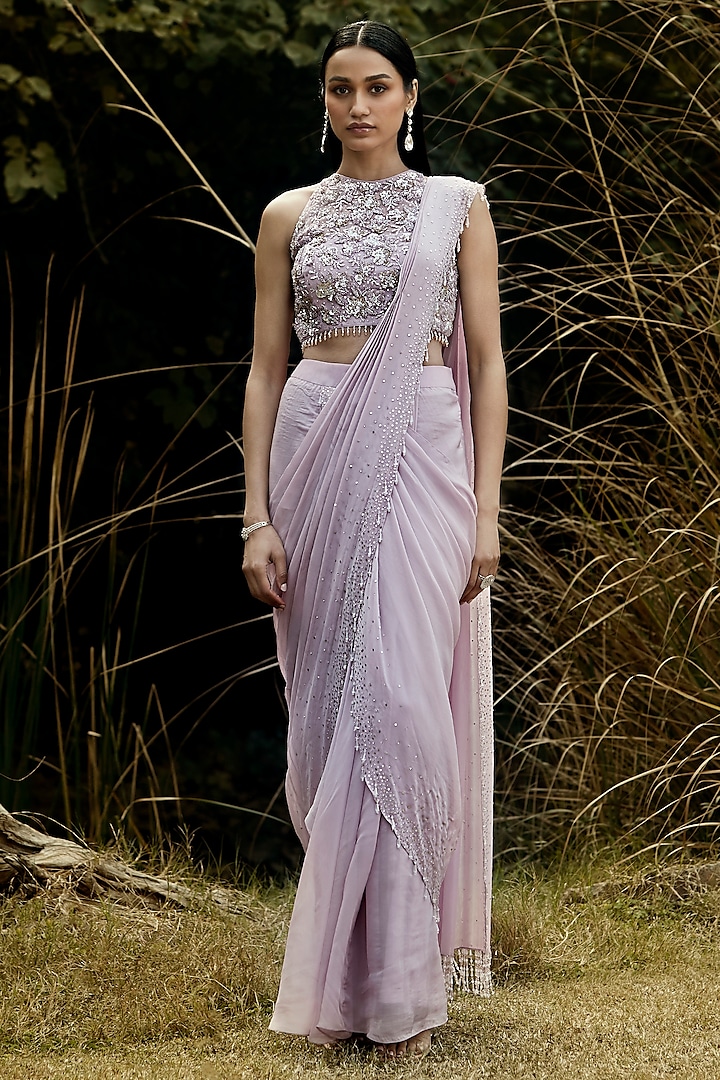 Lilac Organza Sequins Embroidered Pre-Draped Saree Set by Basanti - Kapde aur Koffee at Pernia's Pop Up Shop