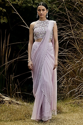 Lilac Organza Sequins Embroidered Pre-Draped Saree Set by Basanti - Kapde aur Koffee