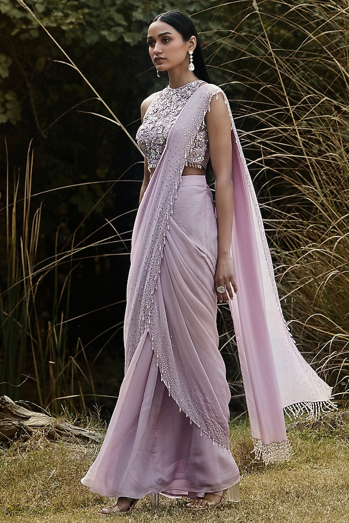 Lilac Organza Sequins Embroidered Pre-Draped Party Wear Saree Set by Basanti - Kapde aur Koffee at Pernia's Pop Up Shop