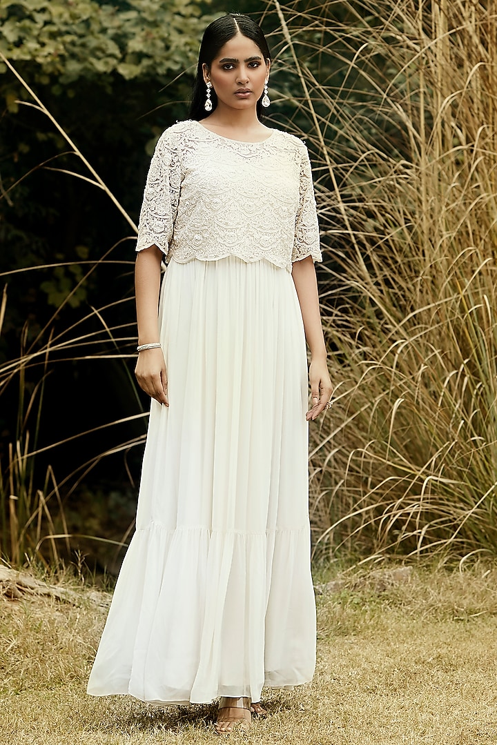 Ivory Georgette Hand Embroidered Gown With Cape by Basanti - Kapde aur Koffee at Pernia's Pop Up Shop