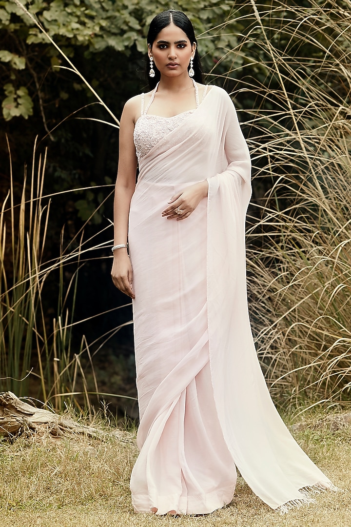 Pink Viscose Organza Handwork Pre-Draped Party Wear Saree Set by Basanti - Kapde aur Koffee at Pernia's Pop Up Shop