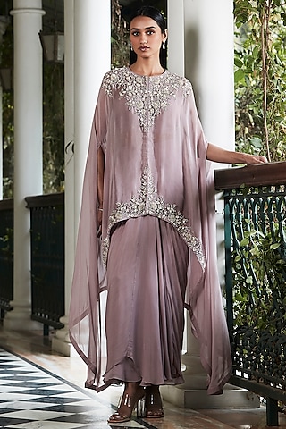 Lilac Organza Sequins Hand Embroidered Cape Set by Basanti - Kapde aur Koffee
