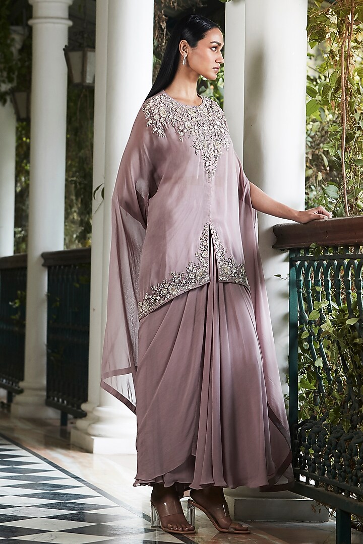 Lilac Organza Sequins Hand Embroidered Cape Set by Basanti - Kapde aur Koffee at Pernia's Pop Up Shop