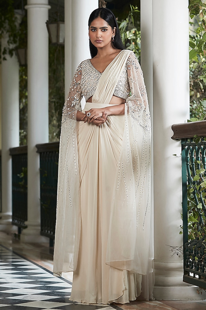 Ecru Georgette Sequins Embroidered Pre-Draped Saree Set by Basanti - Kapde aur Koffee at Pernia's Pop Up Shop