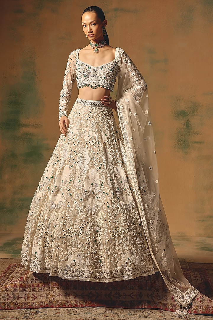 Ivory Butterfly Net Sequin Embroidered Wedding Lehenga Set by Basanti - Kapde aur Koffee at Pernia's Pop Up Shop