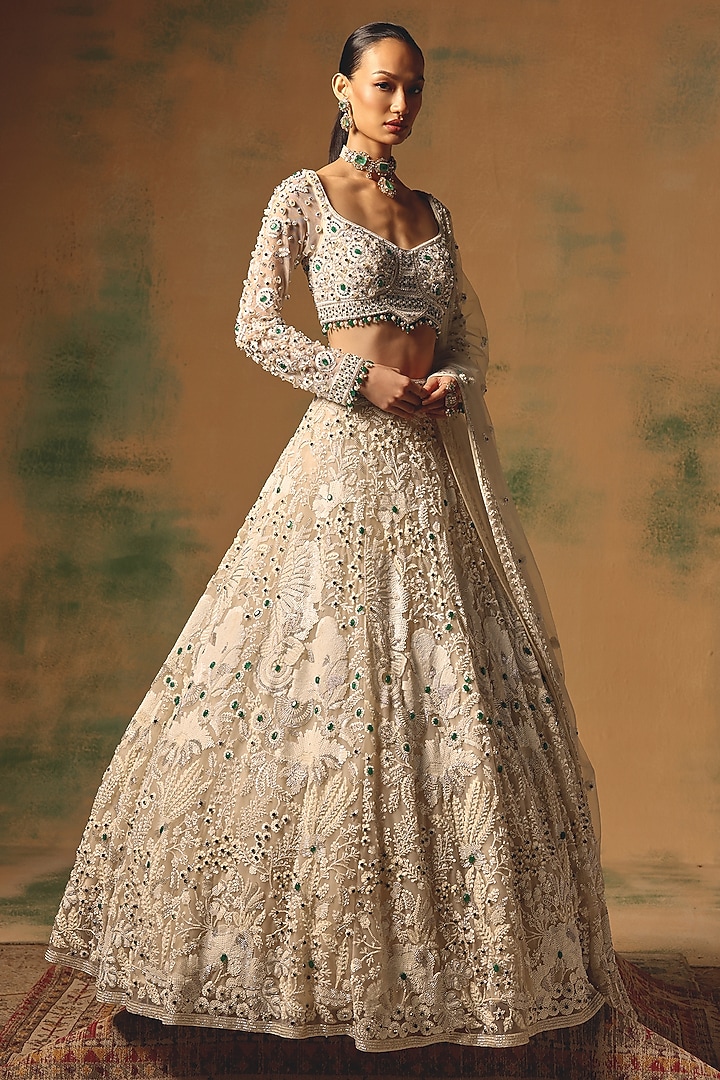 Ivory Butterfly Net Sequin Embroidered Wedding Lehenga Set by Basanti - Kapde aur Koffee at Pernia's Pop Up Shop