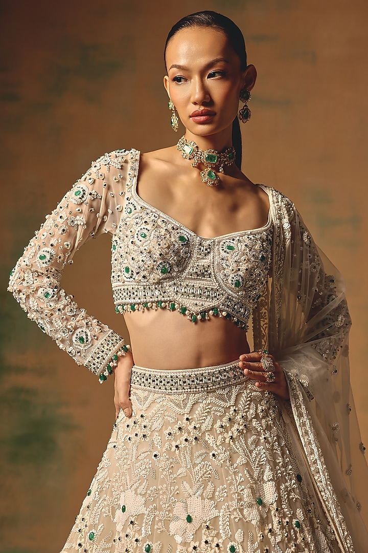 Ivory Butterfly Net Sequin Embroidered Wedding Lehenga Set by Basanti - Kapde aur Koffee at Pernia's Pop Up Shop
