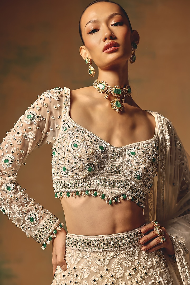 Ivory Butterfly Net Sequin Embroidered Wedding Lehenga Set by Basanti - Kapde aur Koffee at Pernia's Pop Up Shop
