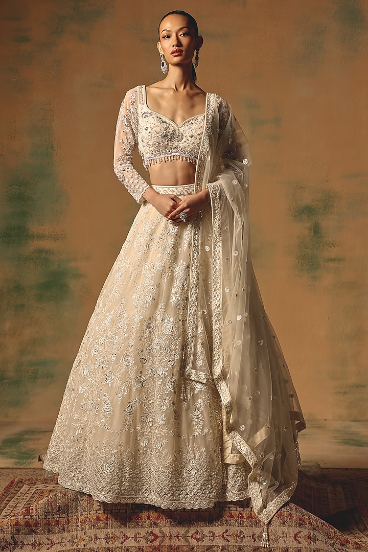 Ivory Net Sequin & Bead Embroidered Wedding Lehenga Set by Basanti - Kapde aur Koffee at Pernia's Pop Up Shop