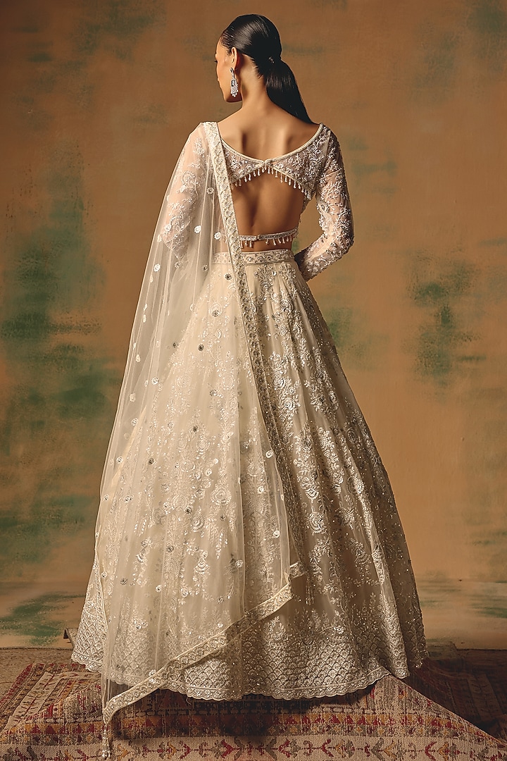 Ivory Net Sequin & Bead Embroidered Wedding Lehenga Set by Basanti - Kapde aur Koffee at Pernia's Pop Up Shop