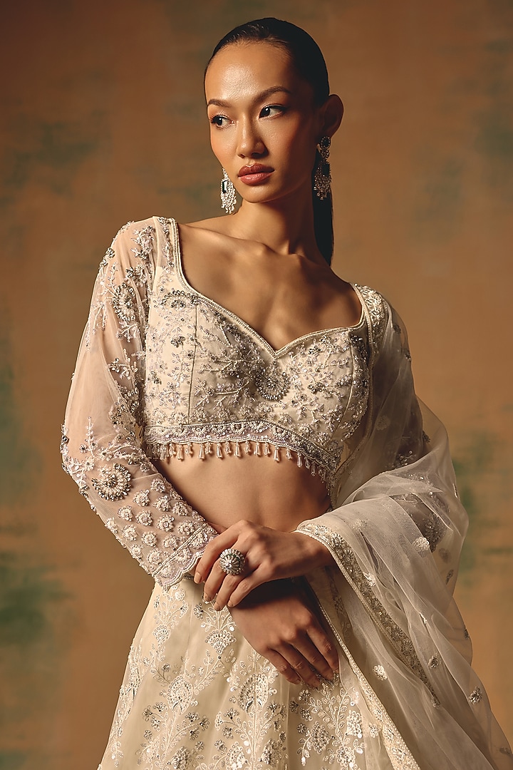 Ivory Net Sequin & Bead Embroidered Wedding Lehenga Set by Basanti - Kapde aur Koffee at Pernia's Pop Up Shop