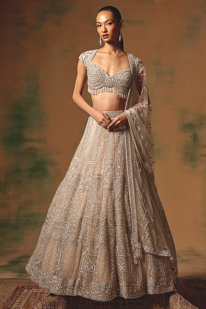 Ivory Net Embroidered Wedding Lehenga Set by Basanti - Kapde aur Koffee at Pernia's Pop Up Shop