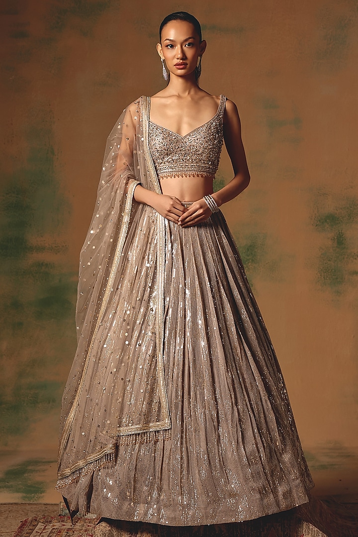 Grey Georgette Sequin & Cutdana Embroidered Wedding Lehenga Set by Basanti - Kapde aur Koffee at Pernia's Pop Up Shop