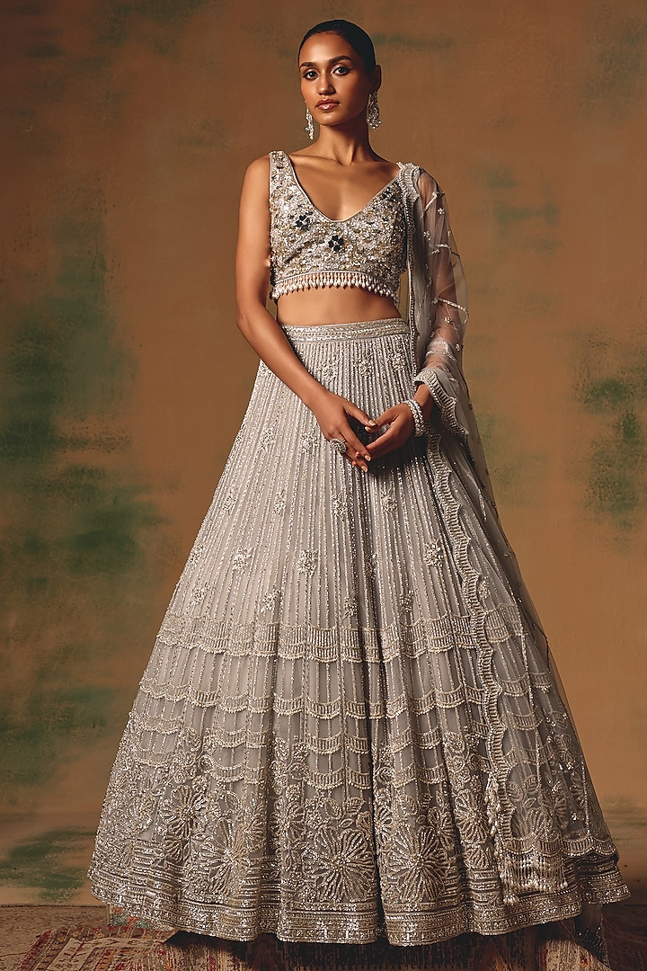 Grey Net Sequin & Pearl Embroidered Wedding Lehenga Set by Basanti - Kapde aur Koffee at Pernia's Pop Up Shop