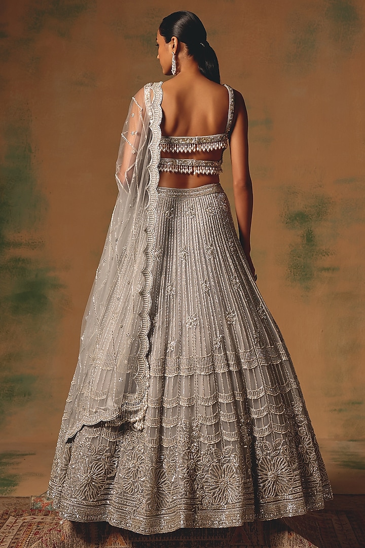 Grey Net Sequin & Pearl Embroidered Wedding Lehenga Set by Basanti - Kapde aur Koffee at Pernia's Pop Up Shop