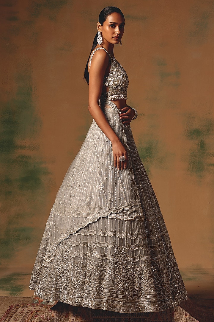 Grey Net Sequin & Pearl Embroidered Wedding Lehenga Set by Basanti - Kapde aur Koffee at Pernia's Pop Up Shop