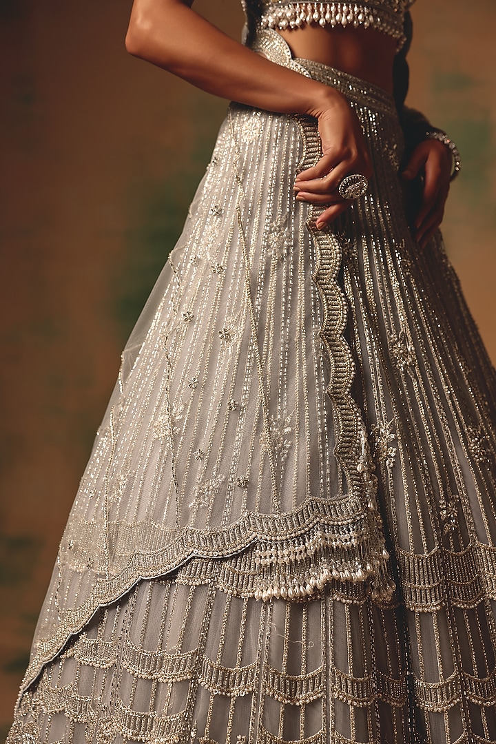 Grey Net Sequin & Pearl Embroidered Wedding Lehenga Set by Basanti - Kapde aur Koffee at Pernia's Pop Up Shop