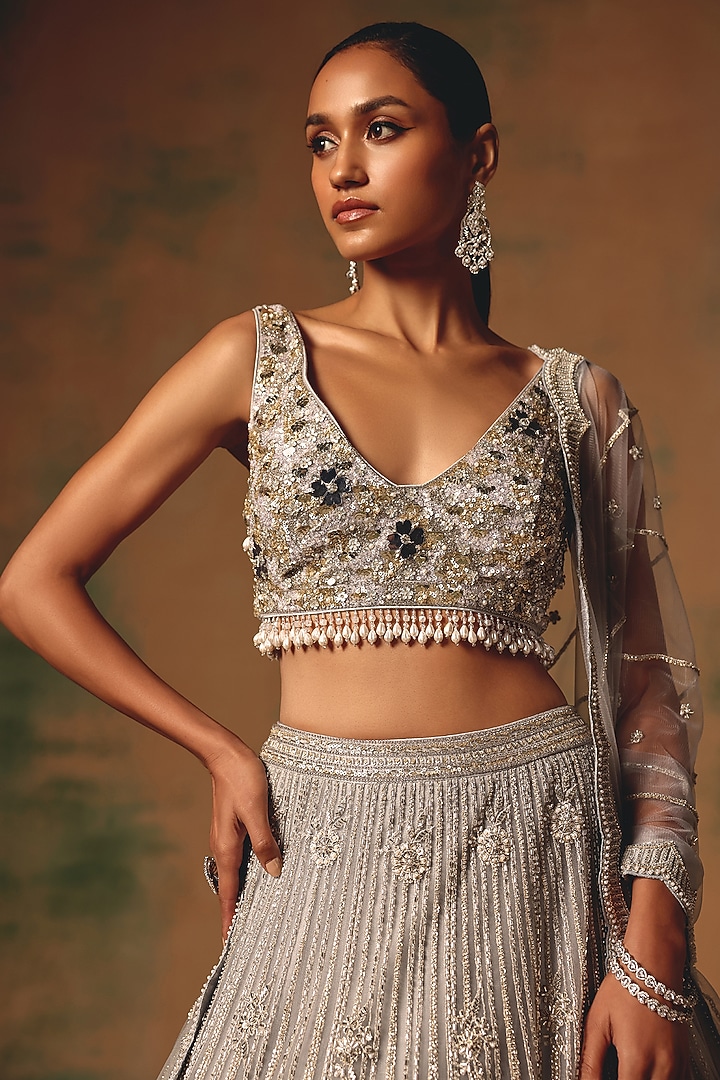 Grey Net Sequin & Pearl Embroidered Wedding Lehenga Set by Basanti - Kapde aur Koffee at Pernia's Pop Up Shop
