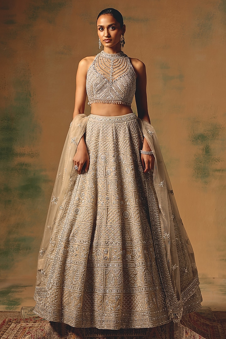 Beige Organza Sequin & Pearl Embroidered Wedding Lehenga Set by Basanti - Kapde aur Koffee at Pernia's Pop Up Shop
