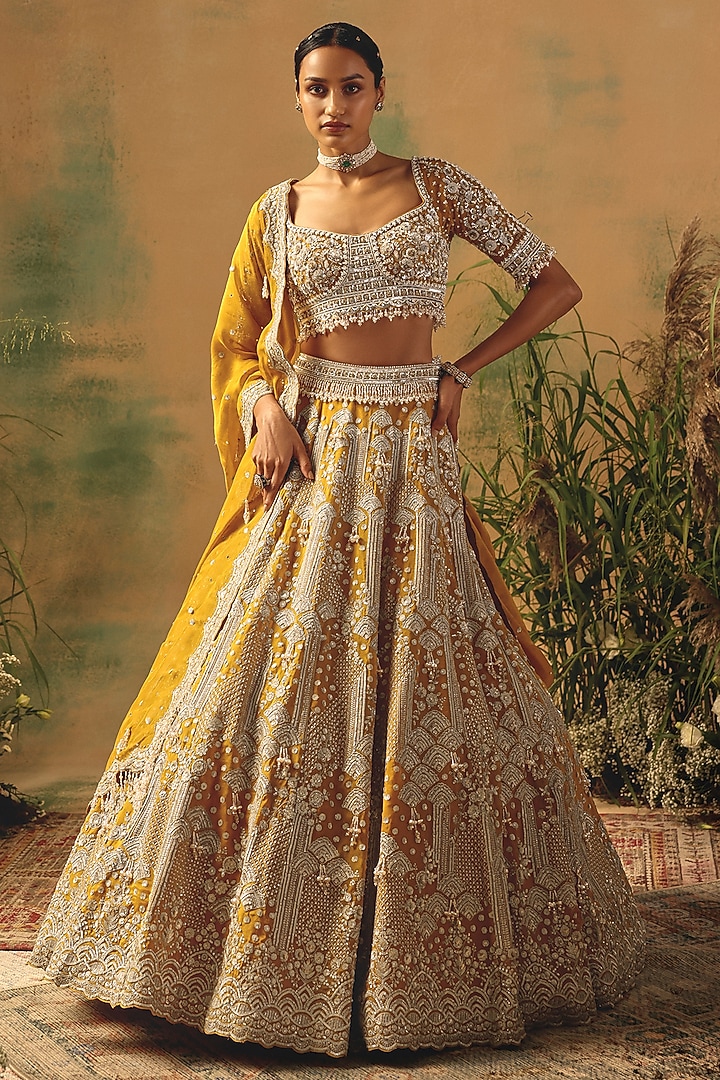 Mustard Organza Sequin & Crystal Embroidered Wedding Lehenga Set by Basanti - Kapde aur Koffee at Pernia's Pop Up Shop
